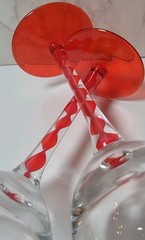 Set Of 2 Ribbon Stem/Red Swirl Wine Glasses