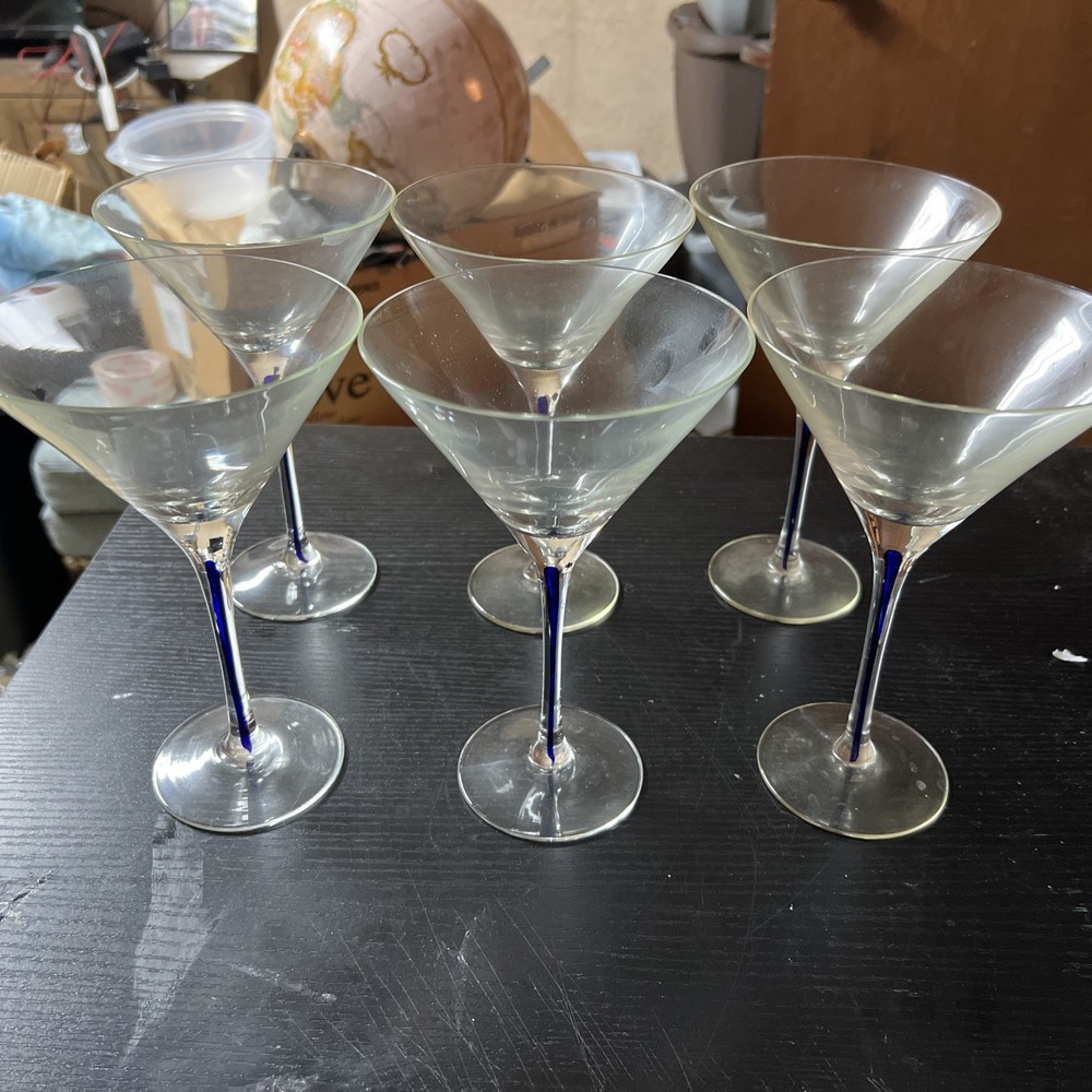 Blue Teardrop Stem Crystal Claret Wine Martini Glasses – Lot of 6