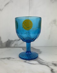 Vintage Glass Goblet Blue With Yellow Smiley Face 6” Retro