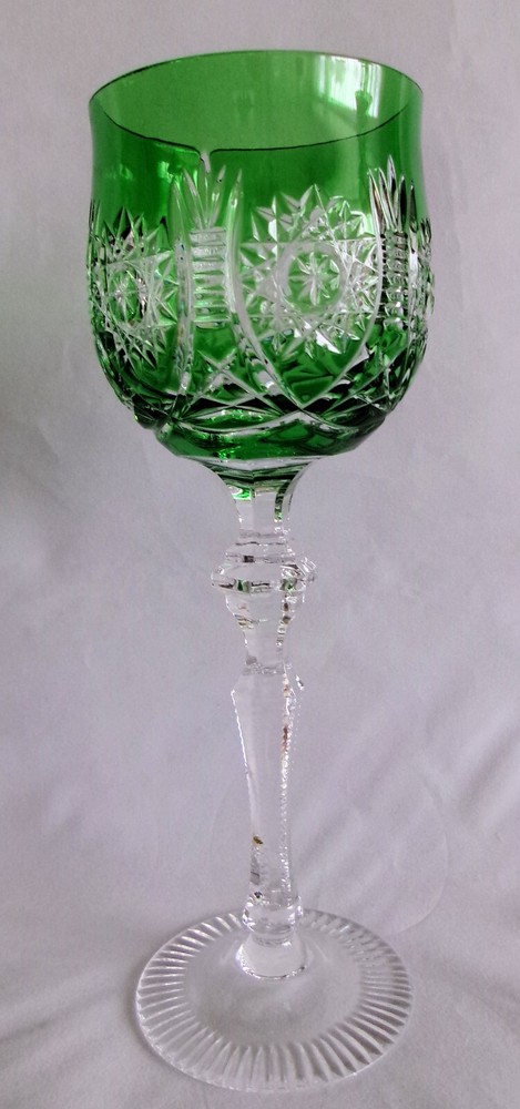 Beyer Green Cut to Clear Crystal Hock Wine Glass Goblet Bleikristall Germany