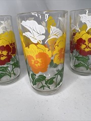 Vintage Anchor Hocking Set Of 3 Red Yellow Orange Pansies Floral Tumblers 5.25”