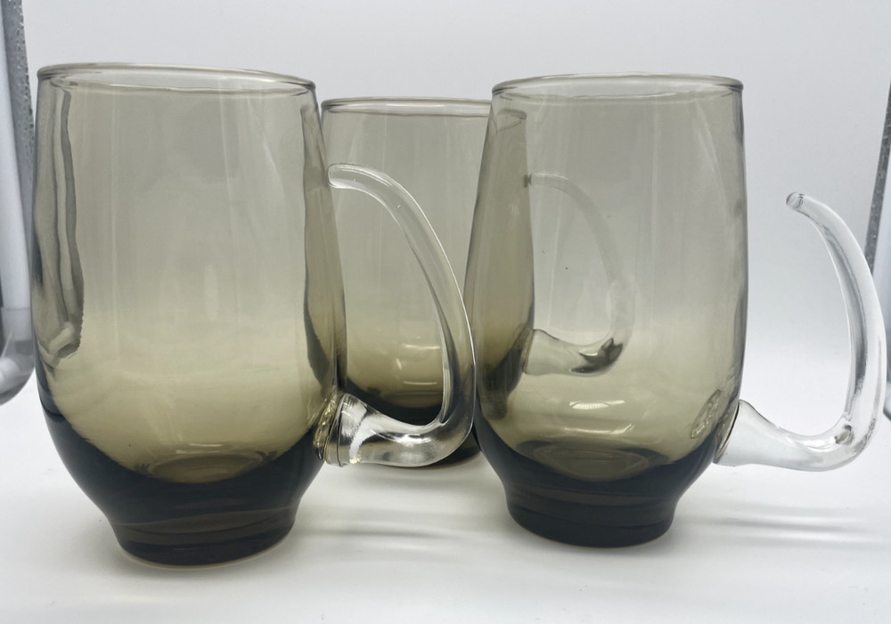 VTG Libbey Tempo Smoke Tawny Handle Glasses Brown Beer Mug Tankard 1960 Set of 3