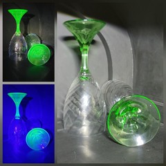 2 Vtg Fostoria 5083 Green Stem Spiral Optic Wine Glass|UV Uranium Glow|1925-32