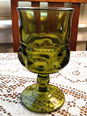 Vintage Goblet/Glass Indiana Glass Kings Crown Thumbprint Avocado Green 5.5″