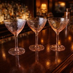 Vtg Set of 3 1930s Pink Depression Glass Goblets – Etched Floral – 5.25” x 3.75”