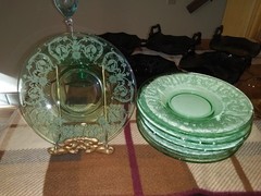 Central Glass Works Etch 410 «Balda», Six, Green Sherbet Plates 6 3/8in