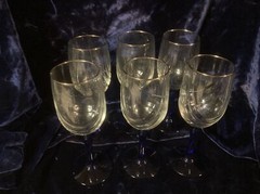 Wine Glasses With Blue Stems Gold Rims Wave Pattern Set Of 6