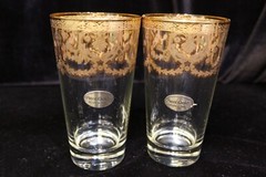 REAL GOLD MADE IN ITALY GOLD FLOWERS SWIRLS 2 HIGHBALL TUMBLERS GLASSES 5 1/2″