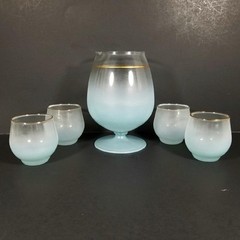 West Virginia Glass Cocktail Pitcher Snifter Roly Poly Set Aqua Blue MCM Blendo