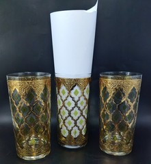 3 Vintage Culver Glass Valencia High Ball Glass 22k Gold Green MCM Barware EVC
