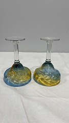 Pier 1 Margarita Glasses Amber Blue Swirl Set of 2 Mouth Blown 7.5″