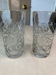 Libbey Glass Hobstar 16 oz Highball Tumbler Heavy Cut Glass Set Of 2 Vintage