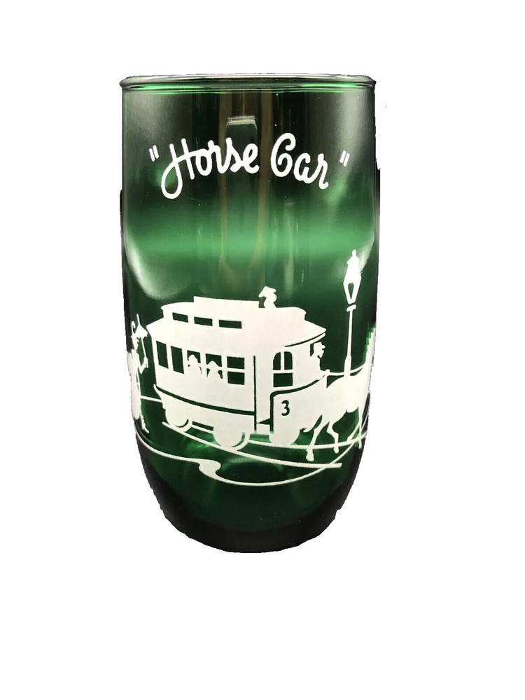 Vintage Anchor Hocking Forest Green HORSE CAR Advertising Drinking Glass