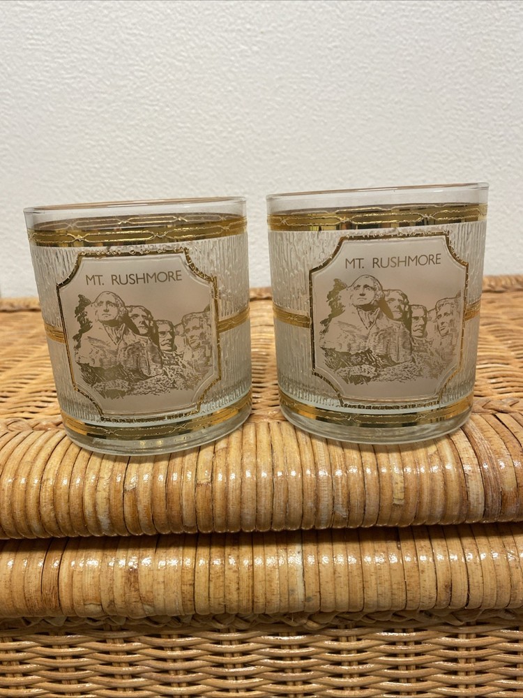Vintage Mt. RUSHMORE Low Ball Bar Glasses by Culver Glassware 22k Gold USA