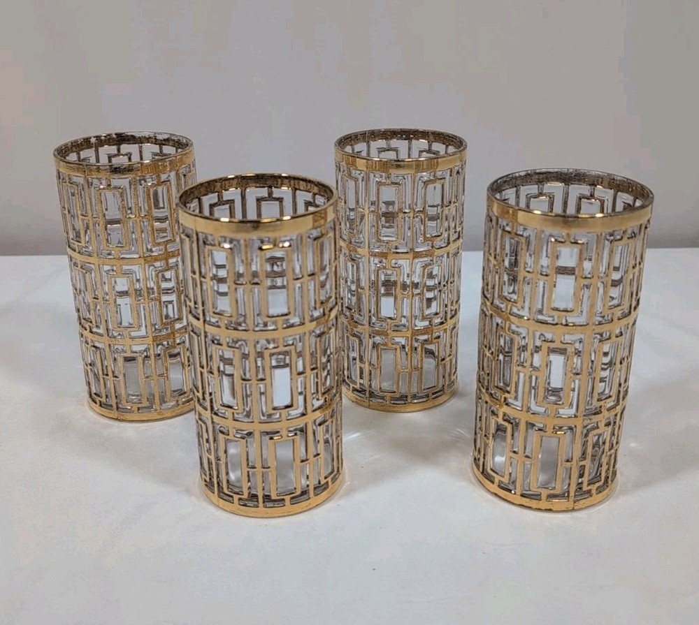 Vintage Shoji “Trellis” Gold Highball Glasses – Set of 4 – MCM Barware