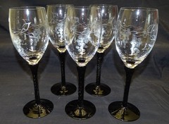Set of 5 Wine Stems Etched Grapes Twist Black Stem 8 1/2″