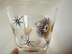 Vtg MCM Atomic Starburst Gold Whiskey Rocks Double Shot Glasses Barware Set (8)