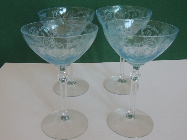 Set 4 Fostoria Champagne Tall Stem Versailles Azure Blue Vintage Glass Art Deco