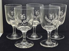 Set Of 5 Antique Boston & Sandwich Or NE Glass Wheel Engraved Flint Goblets «K»