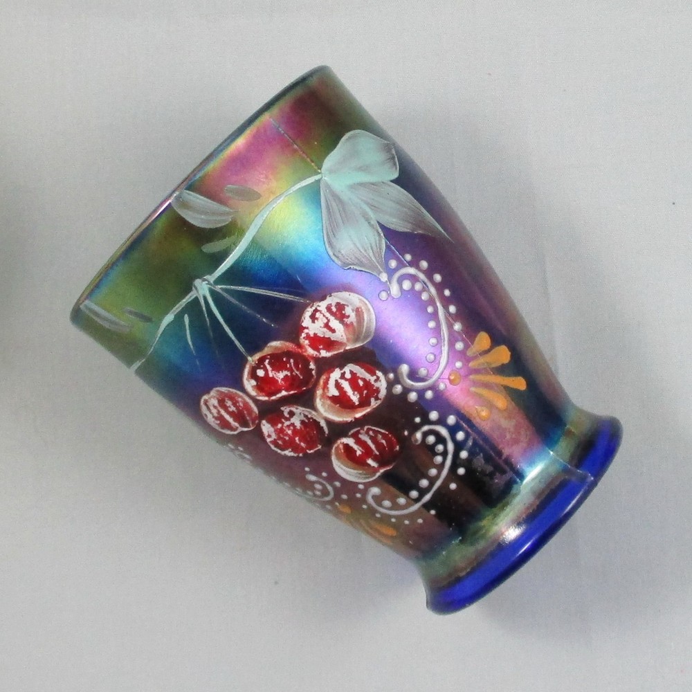 NORTHWOOD ENAMELED GROUND CHERRIES BLUE CARNIVAL GLASS TUMBLER RED CHERRIES