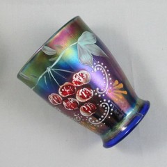 NORTHWOOD ENAMELED GROUND CHERRIES BLUE CARNIVAL GLASS TUMBLER RED CHERRIES