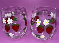 NEW – 2 Hand Painted Stemless Wine Glasses – Very Cute Strawberry Theme