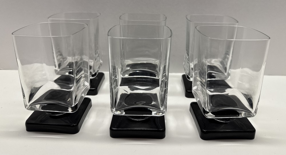 6 Vintage Cristal D’Arques Square Clear & Black Square Base Glasses France