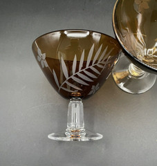 Vintage Art Glass Amber Etched Floral & Leaf Berry Dessert Dish Martini Glass