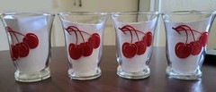 4 Vintage Mid Century Libbey Clear W/ «Red Cherries» Juice Glasses 3” Tall
