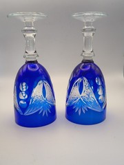 Vintage Bohemian Cobalt Blue Cut to Clear Crystal Cordial Glasses – Pair of 2