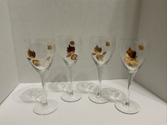 Vintage Set Of 4 Etched Gold Leaf Wine Glasses Beautiful Design , Happy Holiday