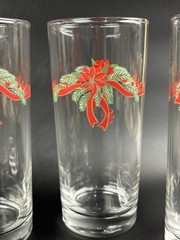 NOS 4 Holiday Poinsettia and Ribbons Glass Tumblers Anchor Hocking Flat bottom