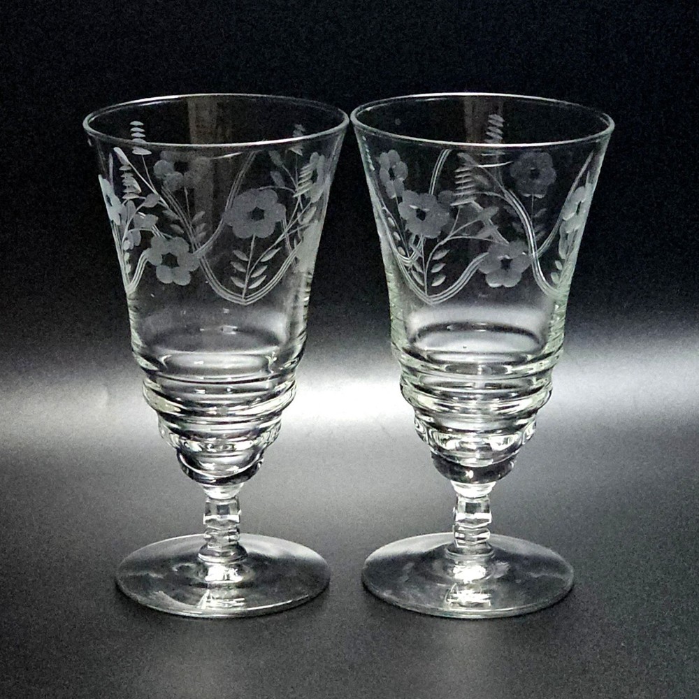 2 Rock Sharpe Floral Ice Tea Water Glasses 6.5″ botanical leaves vtg midcentury