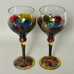 VTG Pair of Monarch Crystal Monaco Hand Painted Wine Glasses Romania 7.75” Tall