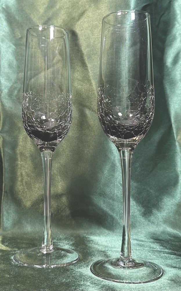 Set Of 2~Pier 1~Smoke Gray Crackle Glass~Champagne Flutes