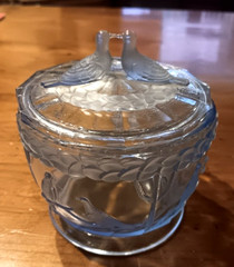 Vintage Deco Light Blue Czech Glass Jar with lid Doves Powder Trinket candy Jar