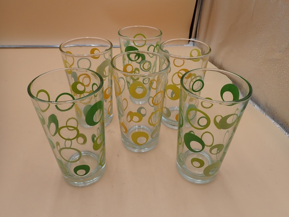 Vintage MCM 6 PC Libbey Glass Tumbler Green/Yellow Boomerang Atomic Olives 5.5″