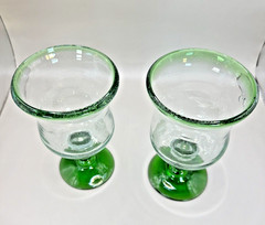 Hand Crafted Blown Glass Green Accented Stemware Drinking Glasses 8 oz. 6″ tall