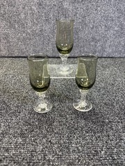 3~Vtg~Cordial/Cocktail Glasses~Jadeite/Smokey Grey Crystal Bowl & Twisted Stem