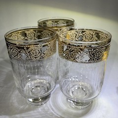 CULVER Starlyte 3 Highball Cocktail Glam Glasses Ornate 22K Gold Bands MCM VTG