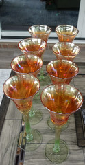 Lot 8 Signed Rick Strini Studio Art Glass Tulip Wine Goblets Marigold Iridescent