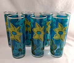 Set/7 Federal Glass 6.75″ TOM COLLINS Glasses Turquoise Floral Silver Rim