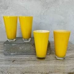 Set Of 4 Yellow/ Marigold MCM Hand Blown Cased Glass Tapered Tumblers / Glasses