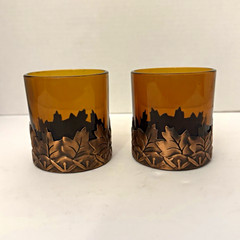 Home Interiors Homco Amber Glass Leaf Metal Wrap Votive Candle Holder 2pc