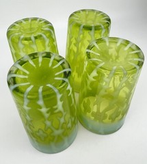 Antique Green Vaseline Glass Tumblers Set 4 Opaline Opalescent Brocade Fern Rare