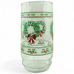 Vintage Christmas Wreath Glasses Set of 8 Holiday Tumblers Holly Bow 6″ Retro