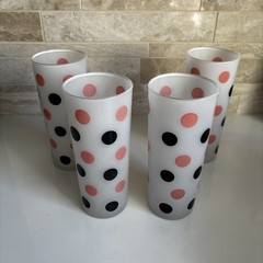 VTG Pink Black Polka Dot MCM Drinking Glasses Collins Barware Set 50’s Style