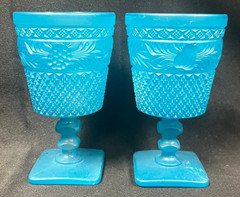 Blue Glass Frosted Wine Goblets Pair of 2 Diamond Floral Texture