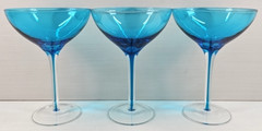 (3) Pier 1 Blue Drip Martini Glasses Set Elegant Table Dining Clear Stemware Lot