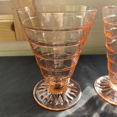 2 Anchor Hocking Block Optic Pink Footed Tumbler Glasses Parfaits 1930s Art Deco